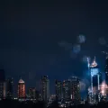 Suasana gemerlap lampu gedung pencakar langit dan lalu lintas malam di kawasan Sudirman Jakarta